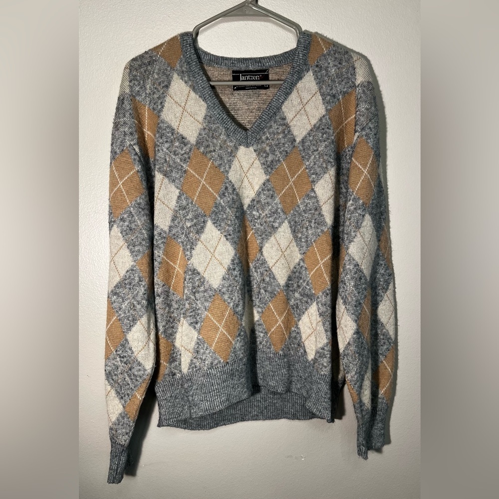 Janzten Mens Size Large Argyle Pullover Grandpa Retro V Neck Sweater VTG